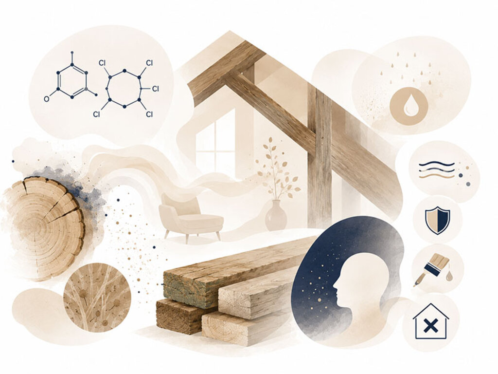 Illustration zu PCP- und Lindan-belasteten Holzbauteilen in Altbauten mit Schadstoffemissionen und Symbolen für Gesundheits- und Raumluftbelastung.