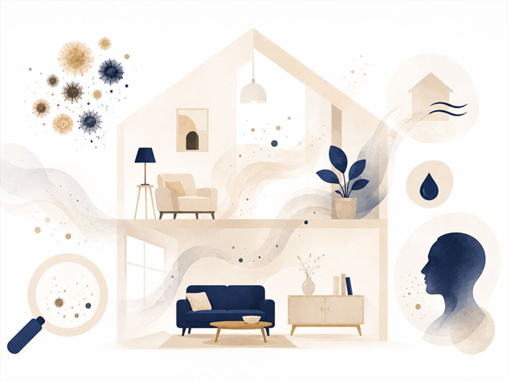 Abstrakte Illustration eines Hauses mit Luftströmungen und Schadstoffpartikeln zur Visualisierung belasteter Raumluft und Wohngesundheit.