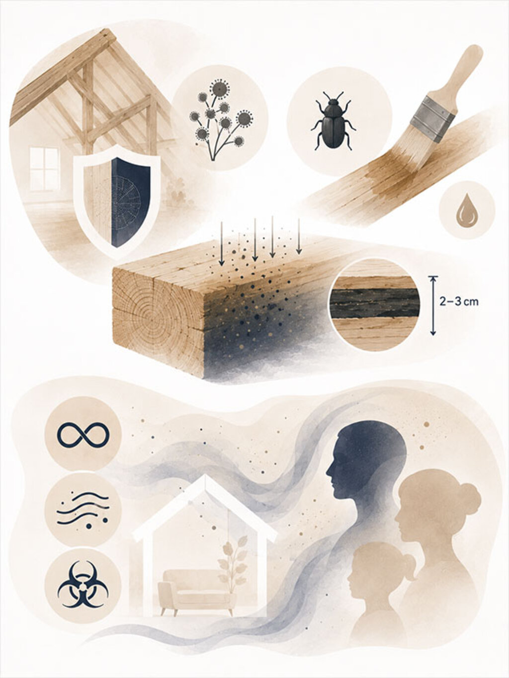 Illustration zu PCP- und Lindan-haltigen Holzschutzmitteln, deren Eindringen in Holz und den langfristigen Auswirkungen auf die Innenraumluft.