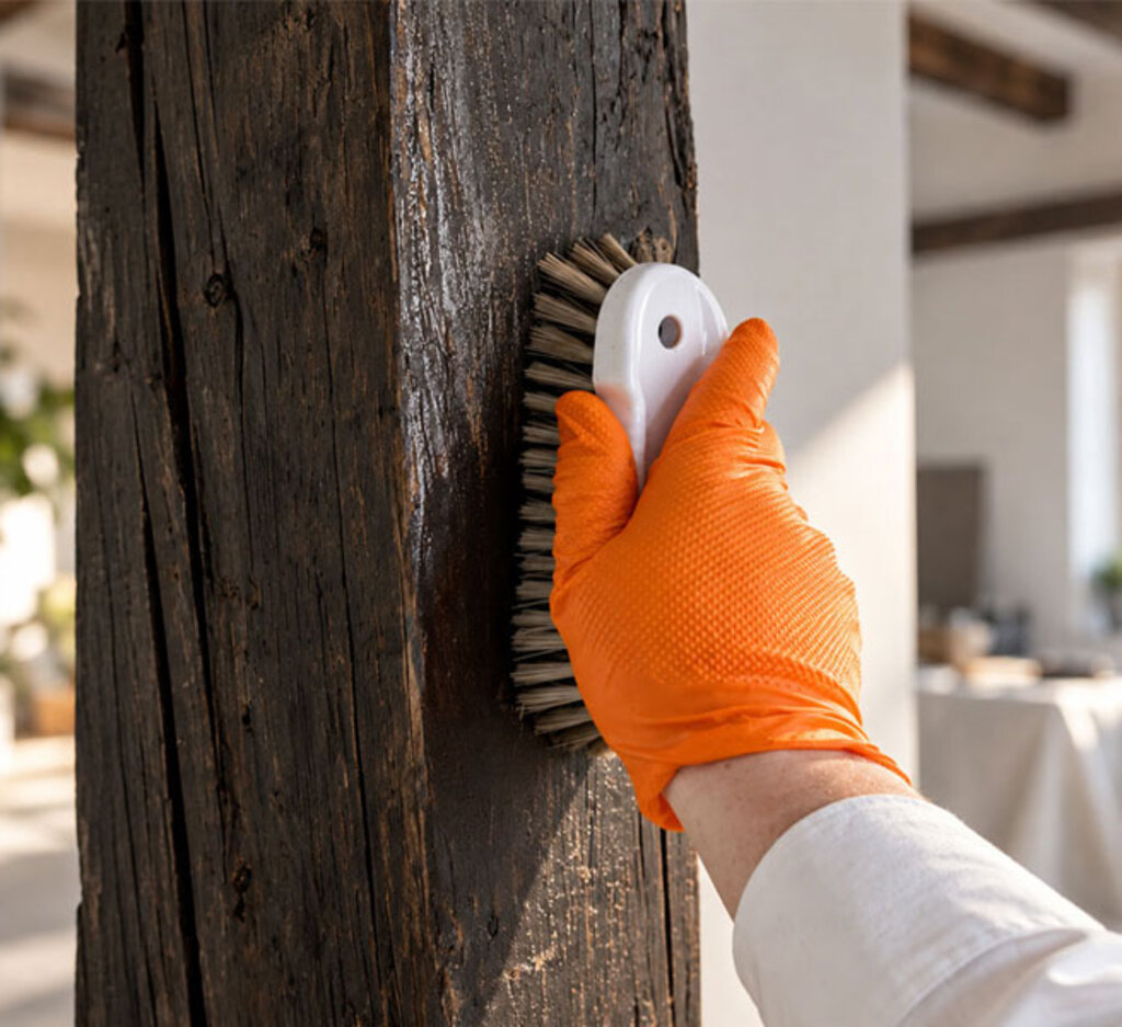 Hand mit Schutzhandschuh bürstet einen alten Holzbalken bei der professionellen Behandlung historischer Bausubstanz.