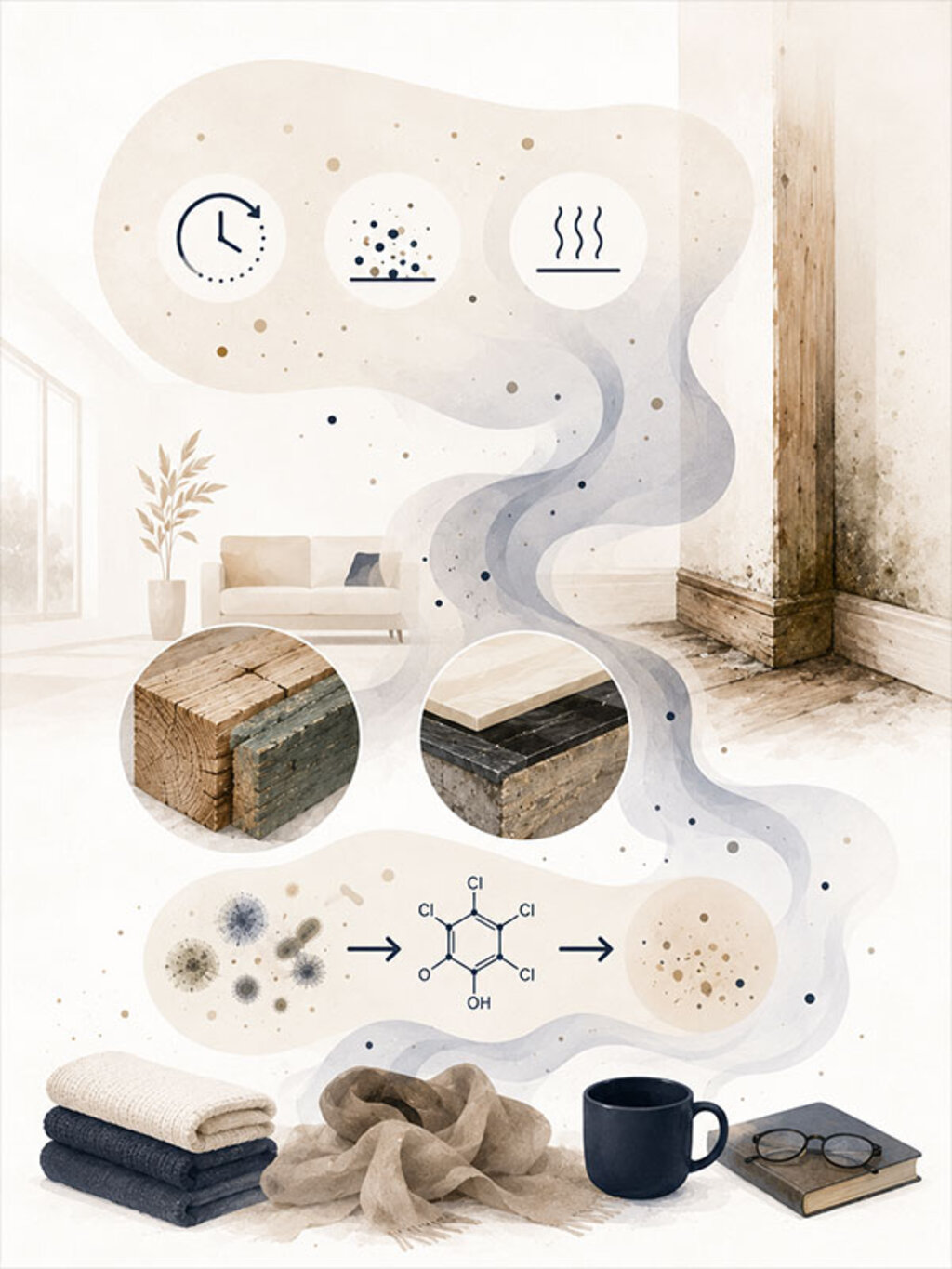 Illustration zur Entstehung eines muffigen Hausgeruchs durch schadstoffbelastete Holzbauteile und ausgasende Holzschutzmittel.