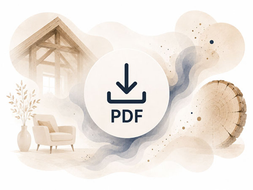 KI-generierte Illustration eines PDF-Downloads mit Symbolen zu Holz, Raumluft und Wohngesundheit.