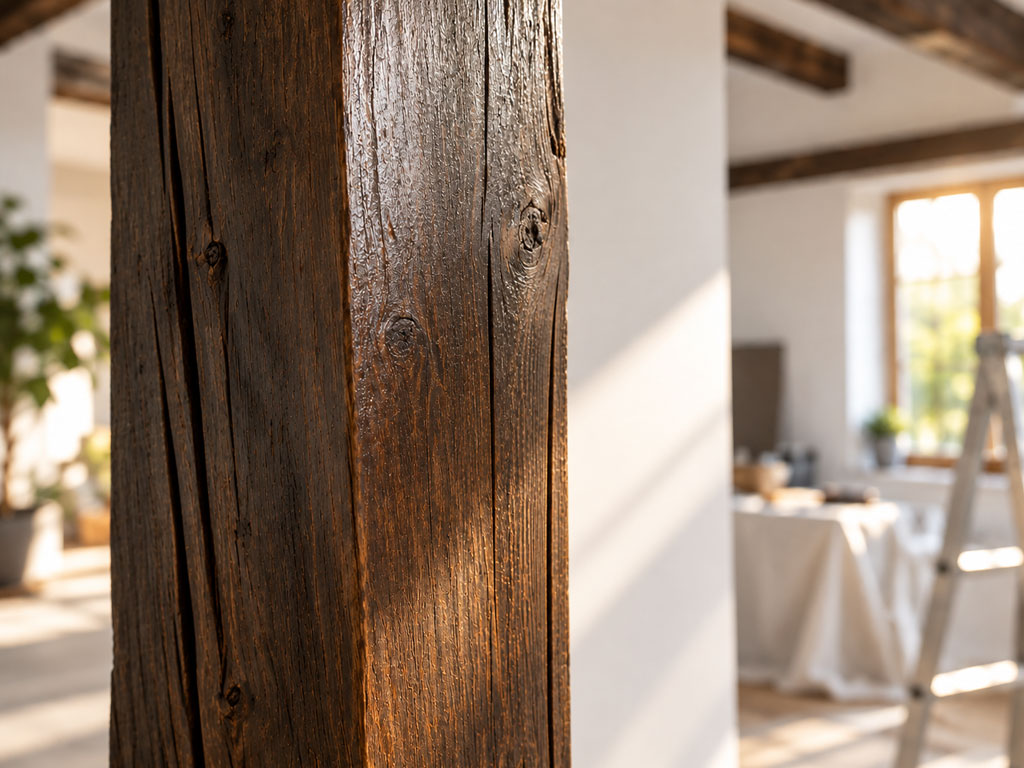 Fachgerecht sanierter historischer Holzbalken mit erhaltener Holzstruktur in einem hellen, modernisierten Innenraum.