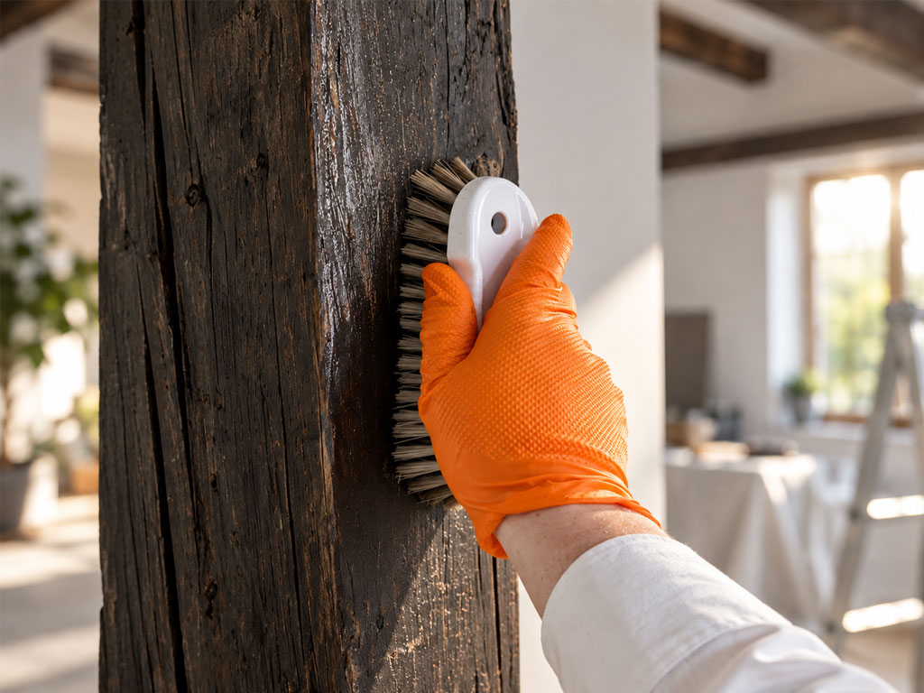Hand mit Schutzhandschuh bürstet einen alten Holzbalken bei der professionellen Behandlung historischer Bausubstanz.