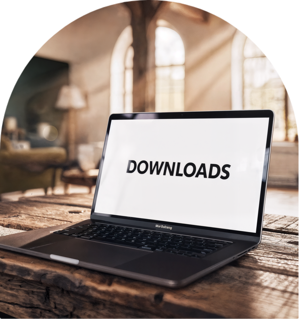 KI-generierte Visualisierung eines Laptops mit Downloadbereich für Informationsmaterial zu Schadstoffen in Gebäuden und Wohngesundheit.